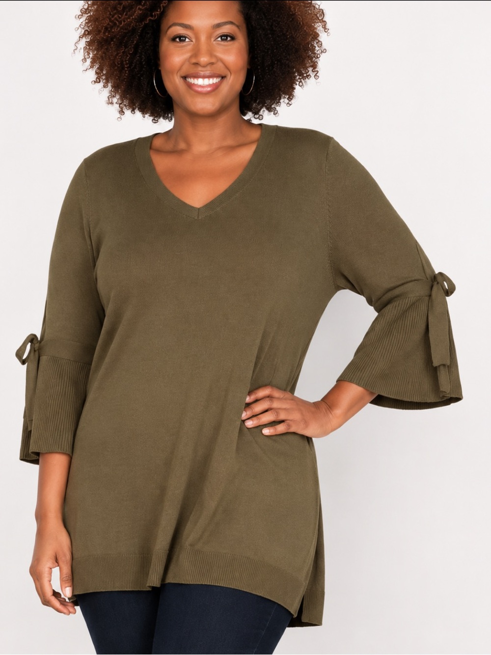 Isaac Mizrahi Live 2X Olive Green V Neck Tie Sleeve Tunic Sweater Plus Size